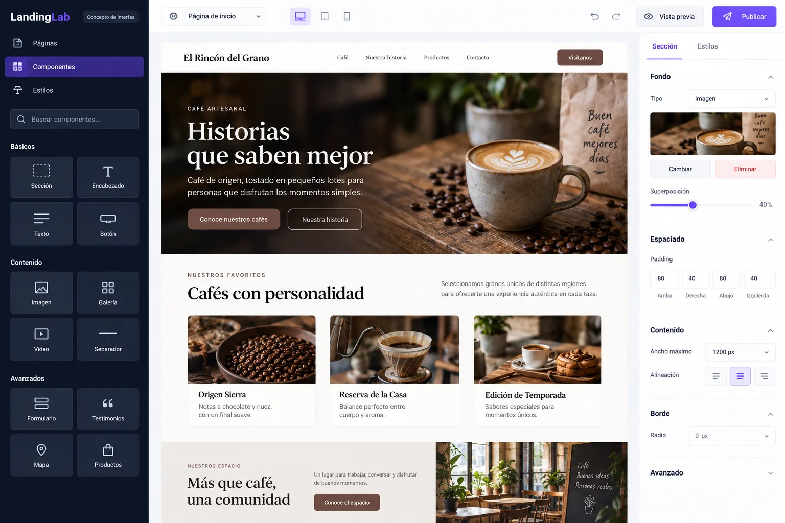 Concepto de interfaz de LandingLab, un editor visual de páginas de campaña.