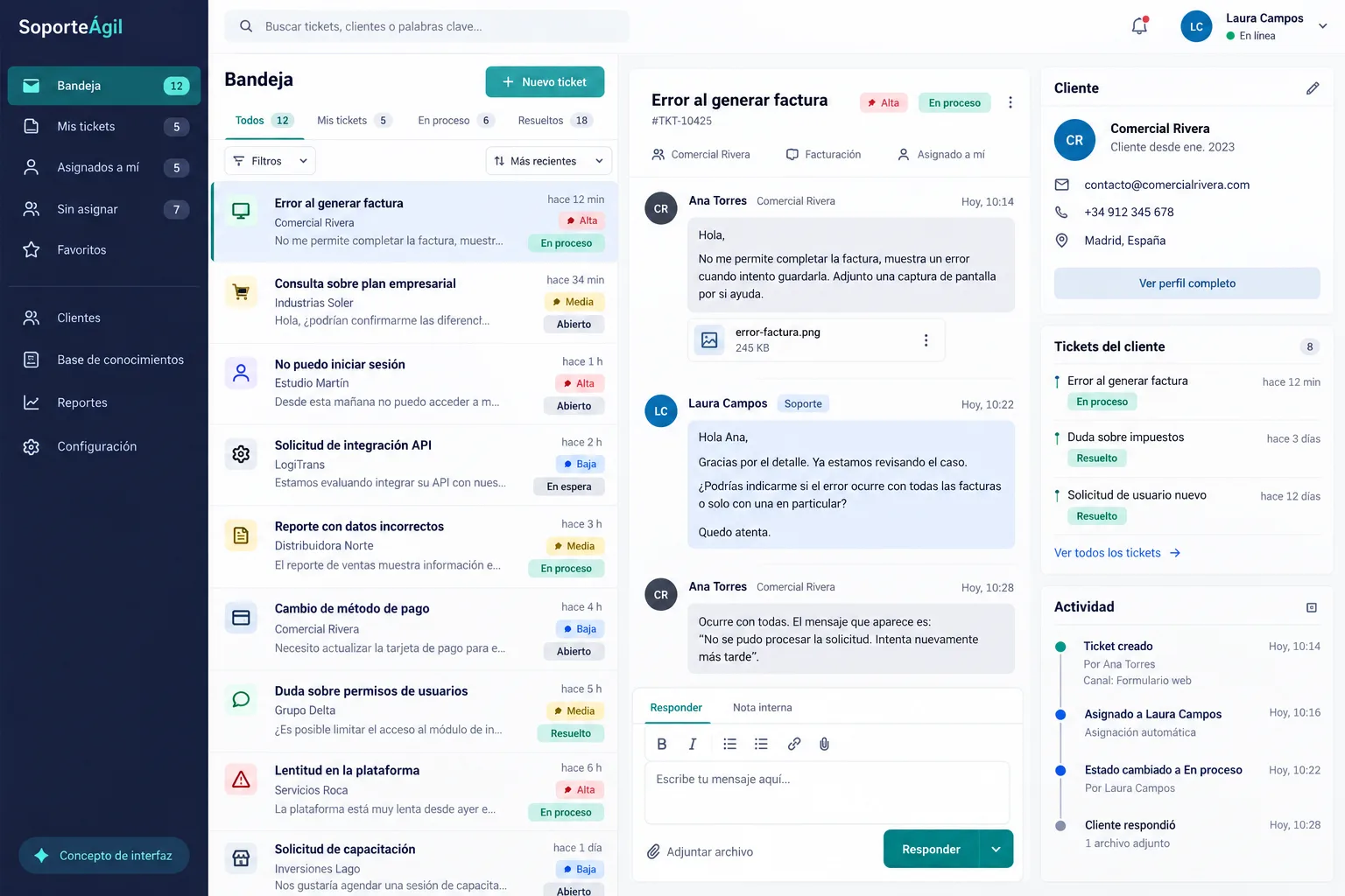 Bandeja de tickets y conversación de soporte de SoporteÁgil.